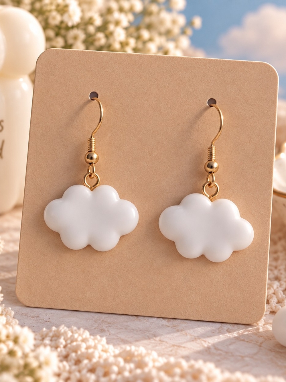 Cute White Cloud Dangle Earrings – Gold Tone Whimsical New
